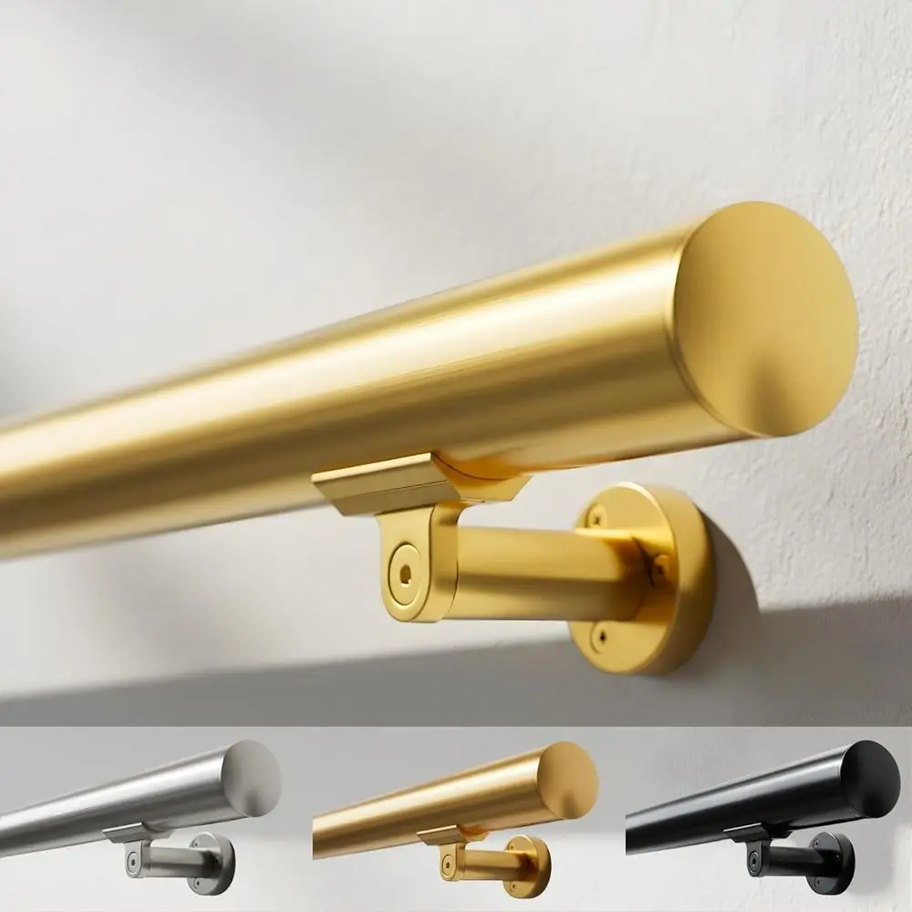 Aluminum Handrail Kit for Stairs – 2–18 FT Options – 1.6 Round Wall Mount Railing, Gold, Adjustable Brackets – DIY Grab Bar Kit