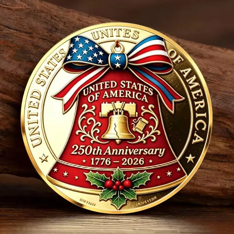 2D US 250th Anniversary 1776-2026 Liberty Bell Gold Plated Collectible Coin American Flag Bowknot Patriotic Souvenir Gift
