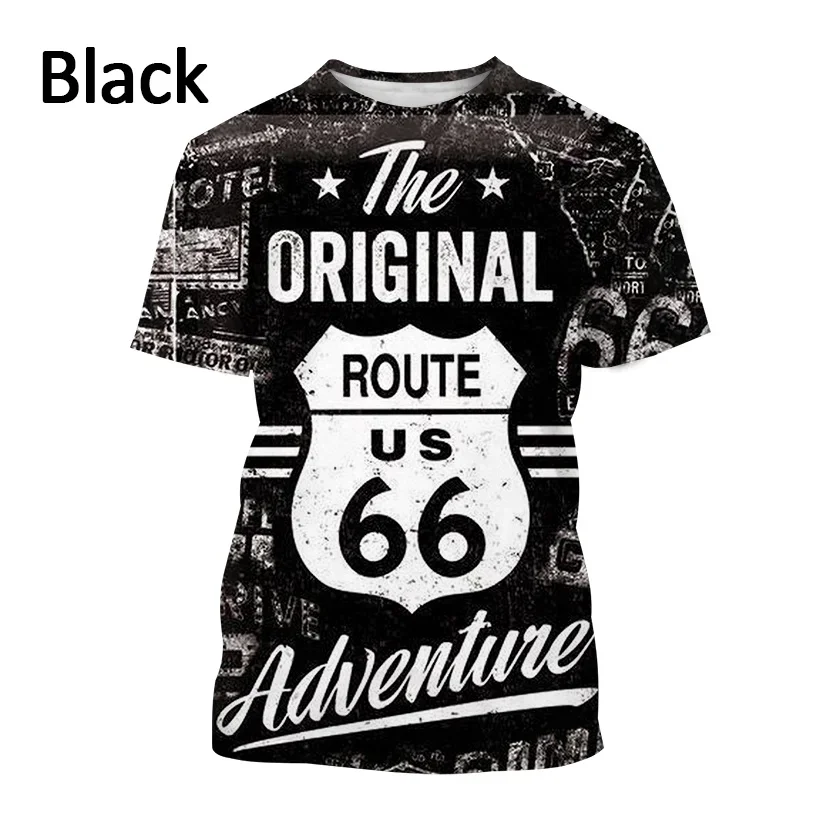 Summer US Route 66 Graphic 3D T-Shirt Casual Pullover Outdoor Street Printed T-shirt Personality Round Neck Loose Top Tees