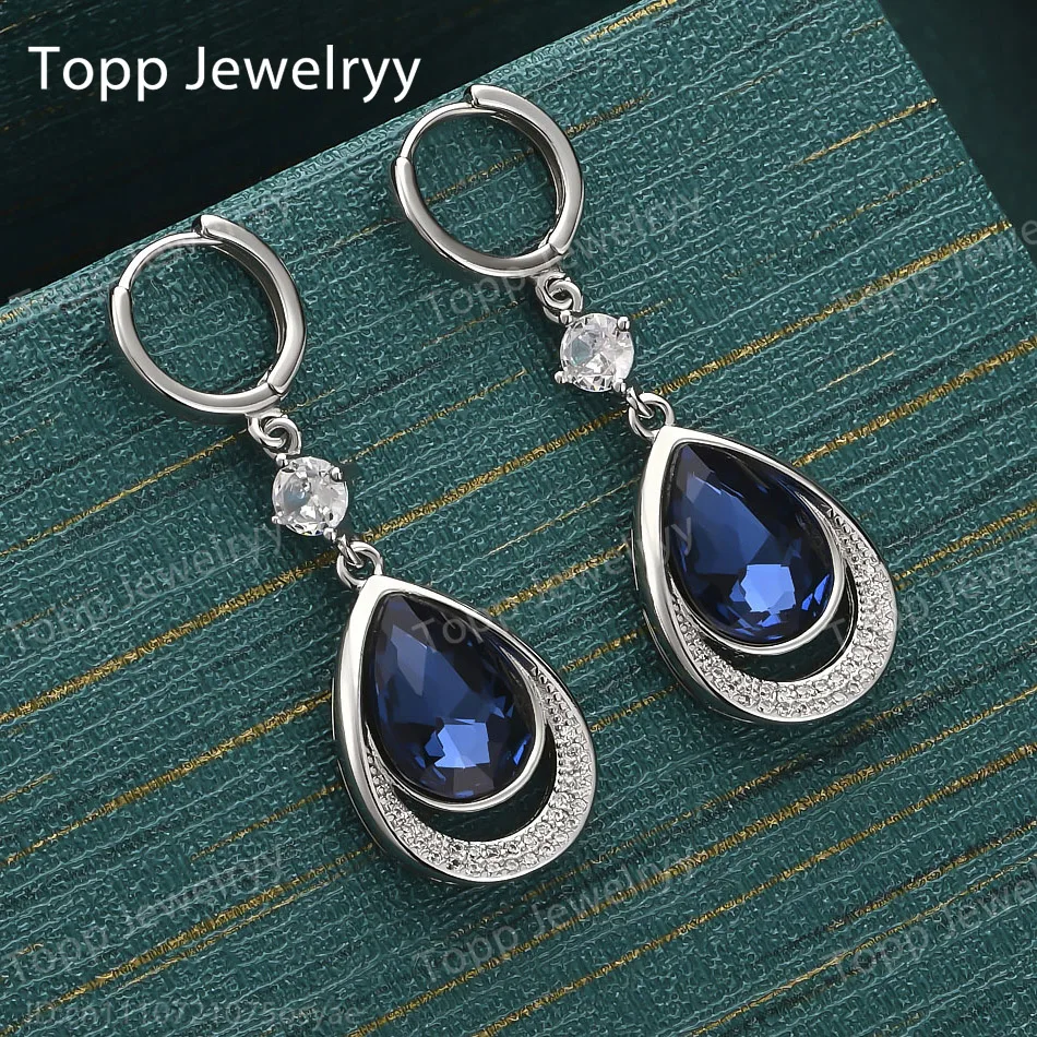 Luxury 925 Sterling Silver Teardrop Blue Zirconia Earrings, Fashionable Women's Wedding Gift Jewelry