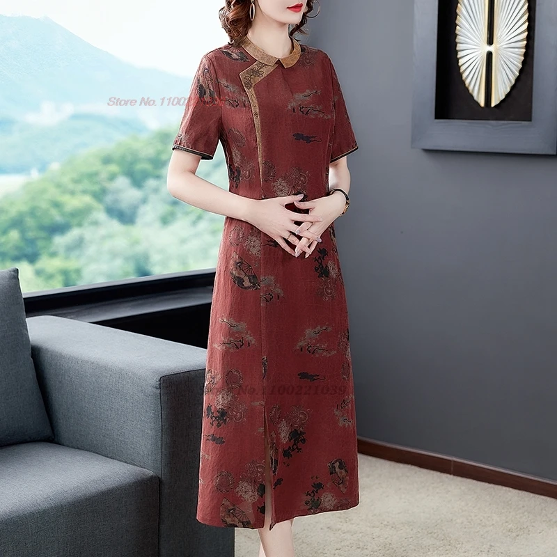 2025 chinese improved qipao dress vintage satin dress cheongsam national flower print a-line dress oriental elegant folk dress