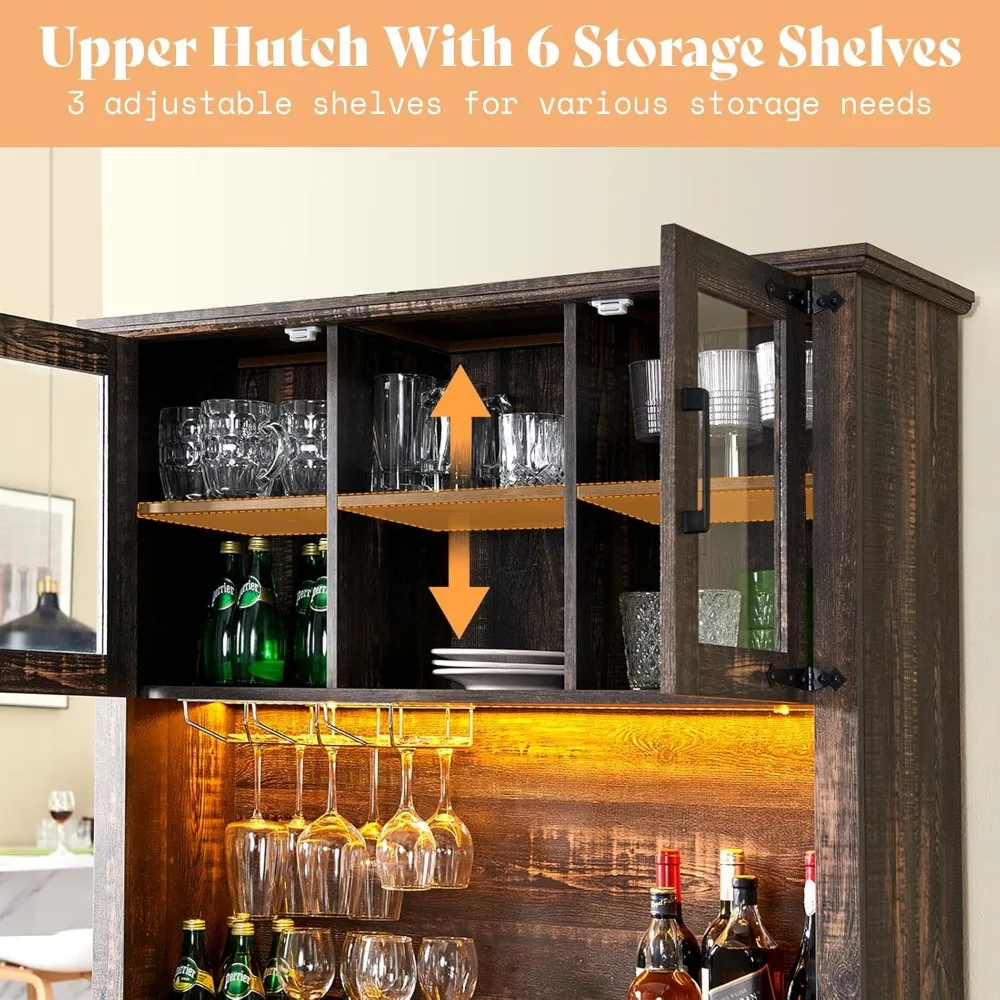 Coffee Bar Cabinet with Sliding Barn Door Farmhouse Kitchen Sideboard, Buffet Storage Table, Wine Glass Racks,Drawers