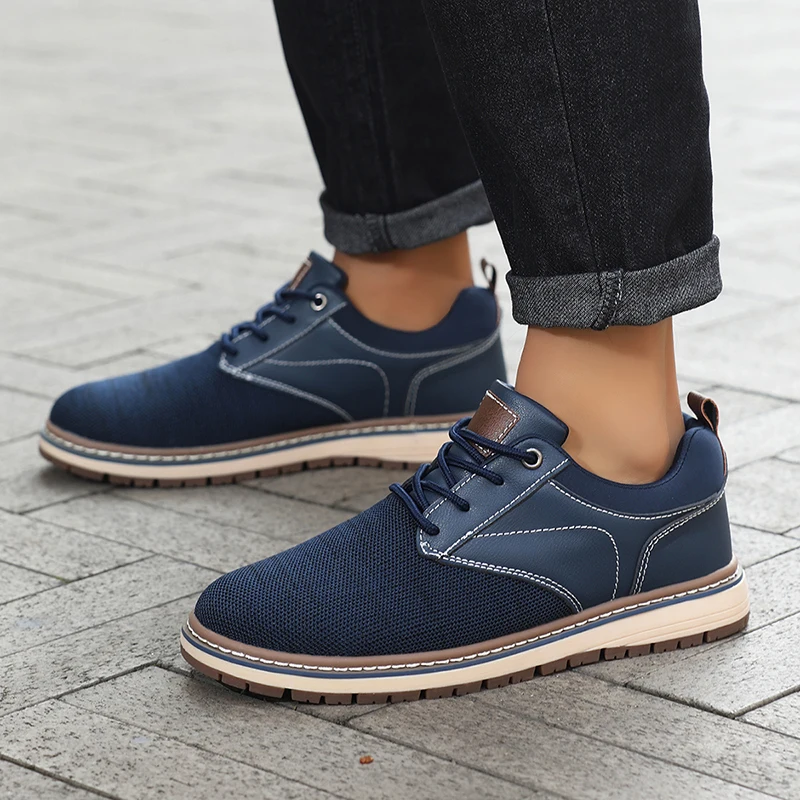 Men's casual Oxford shoes breathable knitted leather stitching sneakers fashion lace-up walking shoes non-slip outdoor work shoe