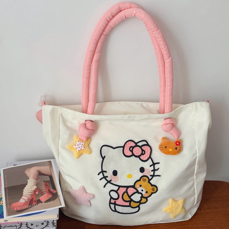 Sanrio HelloKitty Girl-Heart Shoulder Bag, Versatile Large Capacity Crossbody Bag, Cotton Filled Shoulder Strap Fashion Handbag