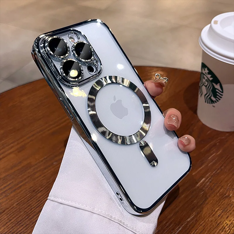 Fashion Magnetic Case For Magsafe For iPhone 16 15 14 13 12 11 Pro Max Plus Plating Clear Soft Silicone Wireless Charging Cover image 3