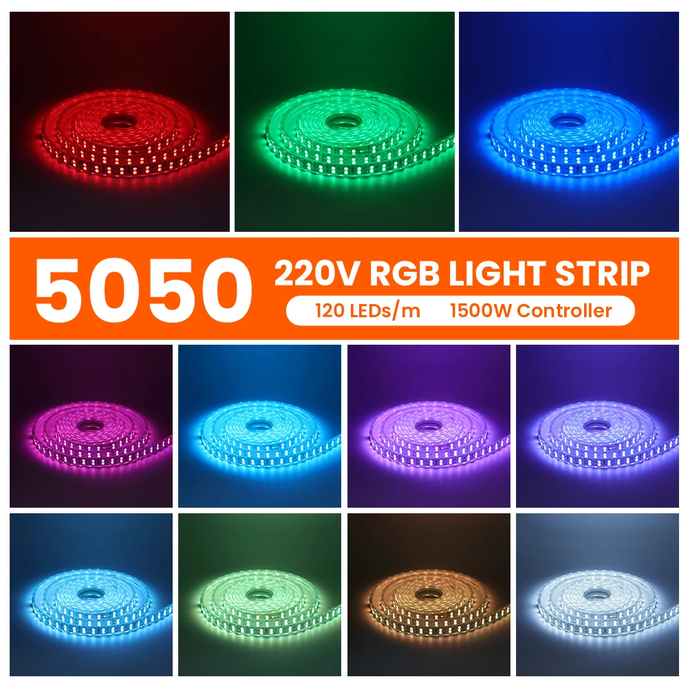 Taśma LED RGB o wysokiej jasności AC 220 V Wodoodporna kontrola aplikacji WIFI Bluetooth 120 diod LED/M SMD 5050 Elastyczna taśma wstążkowa Światła