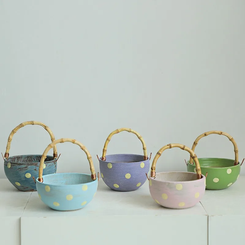 Handmade Pots for Plants Polka Dot Bamboo Basket Niche Personality Ceramic Planting Flower Pot Plant Accessories Macetas Planta