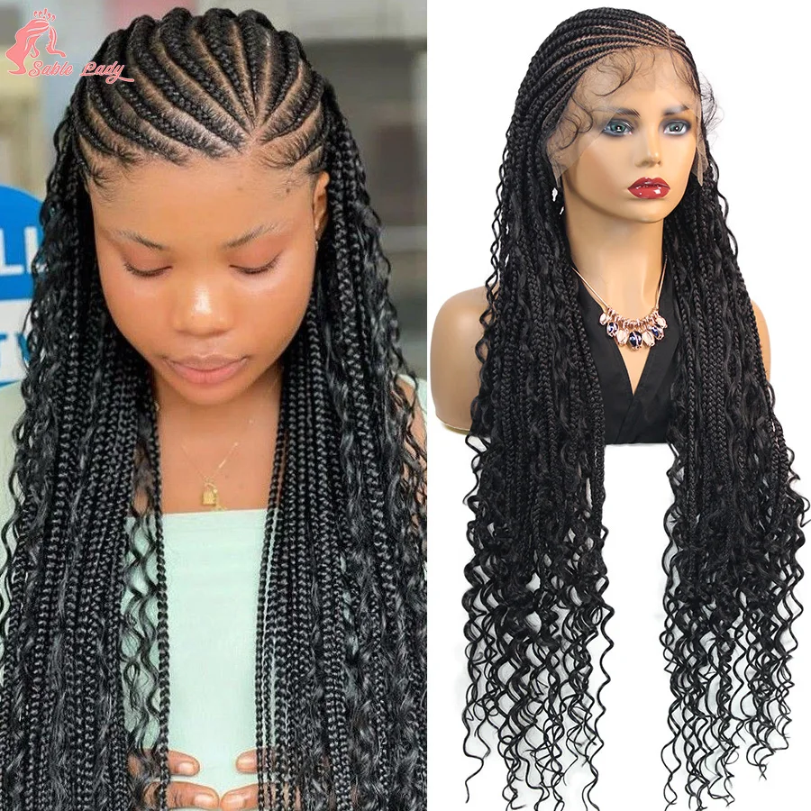 

36'' Synthetic Full Lace Front Boho Braided Wigs With Curly Hair Cornrow Braids Wig With Baby Hair Fulani Knotless Box Braid Wig