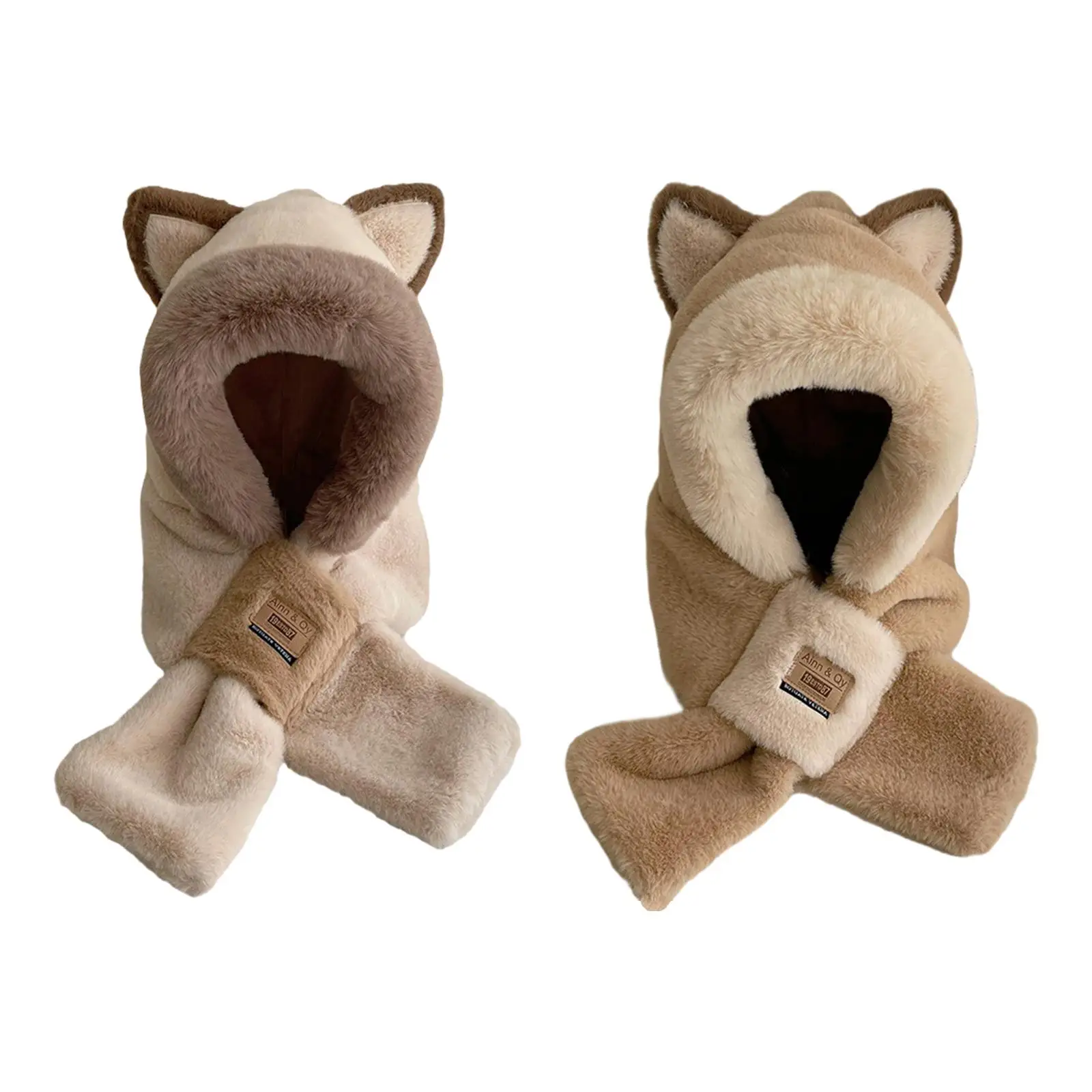 Plush Hooded Scarf Winter Hat Scarf Set Costume Hats Animals Hat for Outdoor, Travel