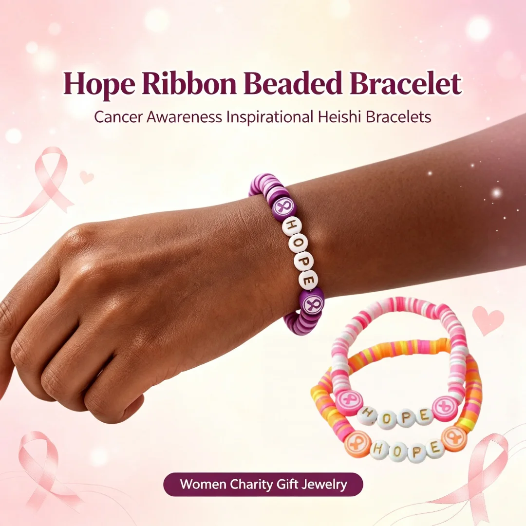 Best selling new hope soft pottery bracelet set, Europe and America breast cancer promotion pink ribbon jewelry set