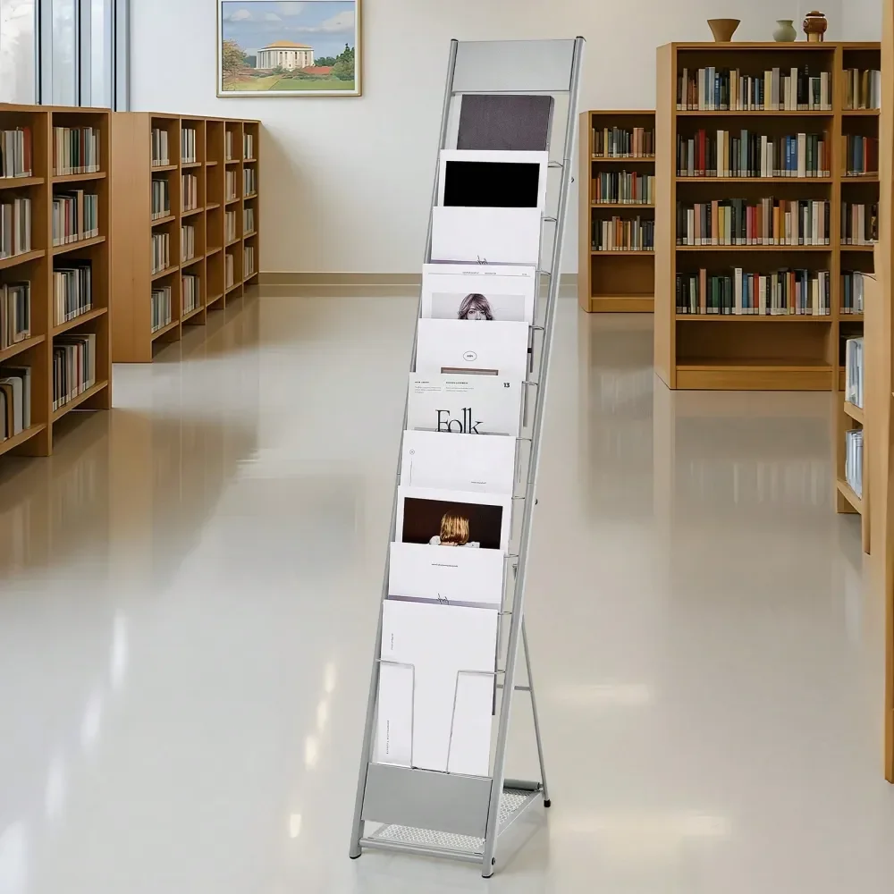

Office StorageDisplay Rack, 10 Pockets Magazine Literature Display Stand, Portable Floor Standing Magazine Rack, Metal Newspaper
