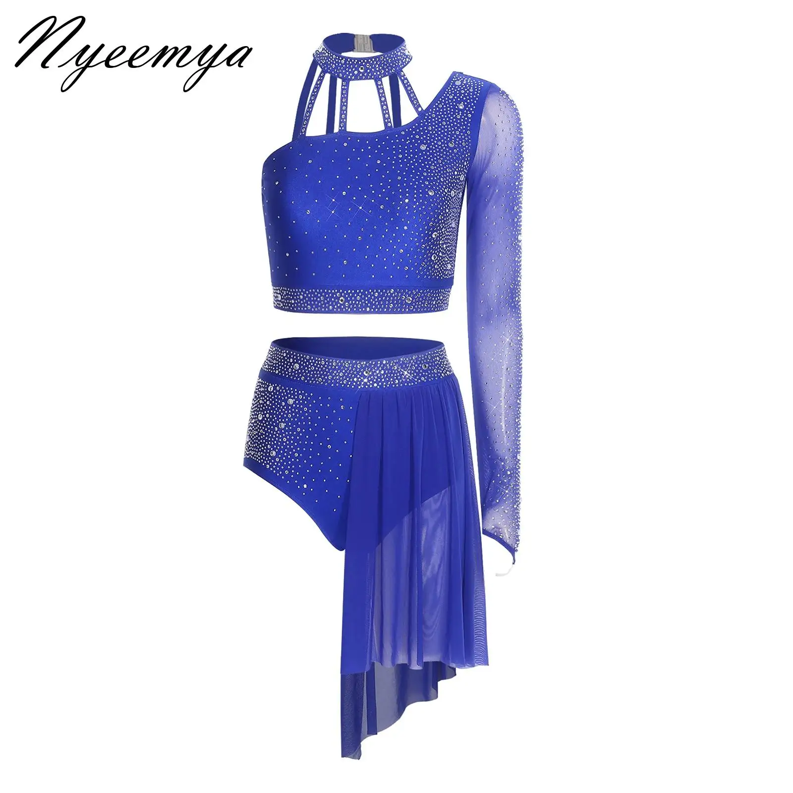 

Women Modern Lyrical Dance Set One Shoulder Rhinestone Crop Dance Tops with Irregular Mesh Skirted Briefs Skating Ballet Costume