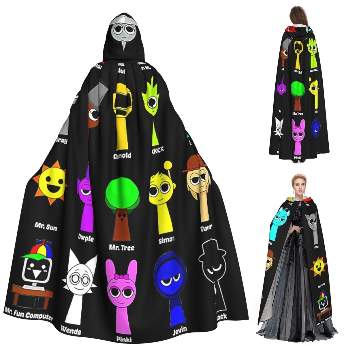 

Детский Sprunki Gaming Incredibox Sprunki, длинный плащ с капюшоном, средневековый костюм ведьмы, накидка для косплея, пальто на Хэллоуин для взрослых, унисекс