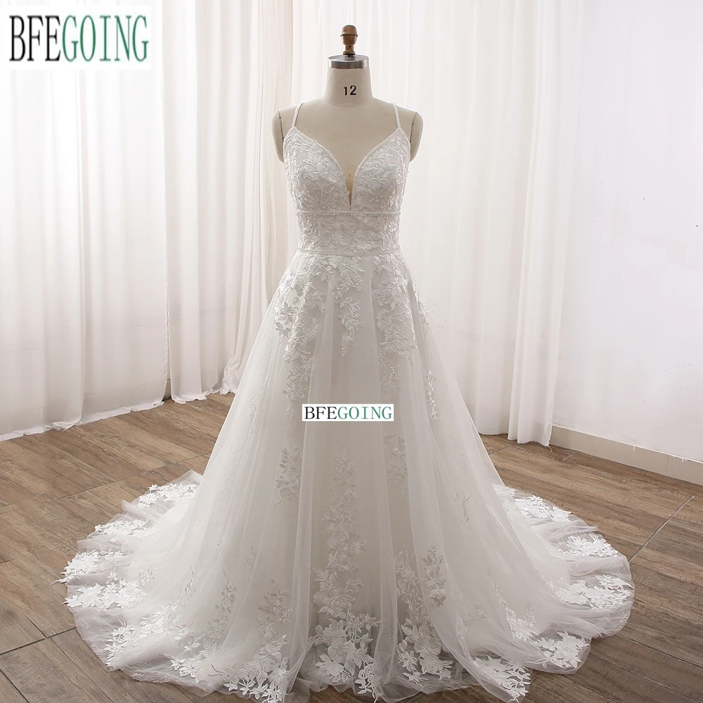 Lace Appliques Wedding Dresses Chapel Train Customized V-Neck Sleeveless Floor-Length A-Line Bridal Gowns