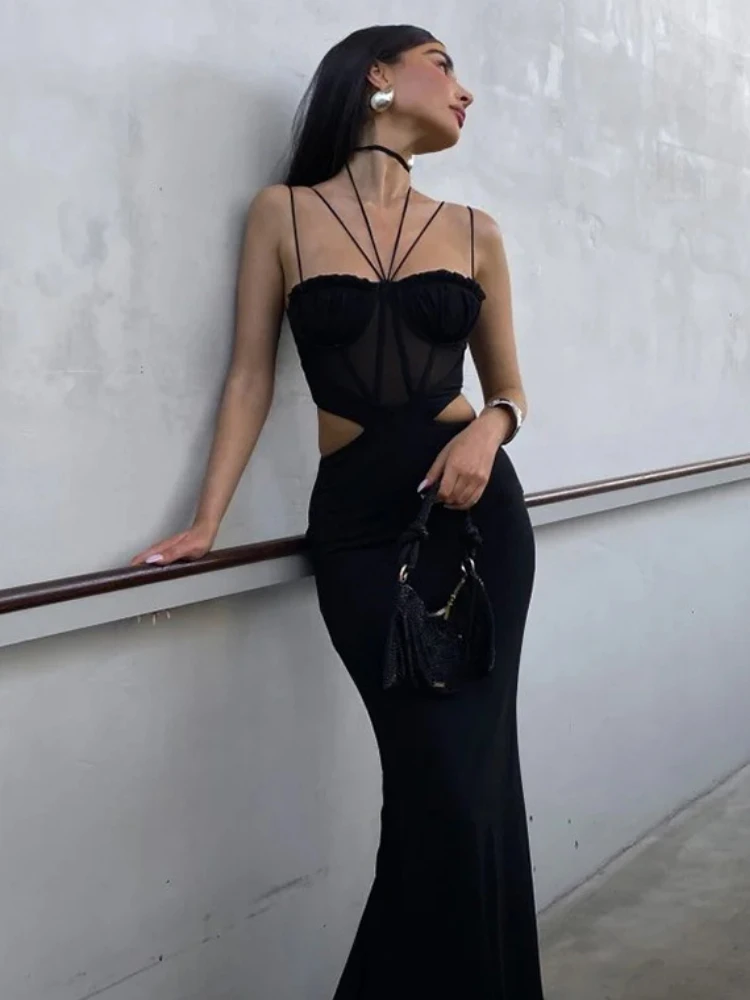 WeiYao-Sheer Mesh Patchwork Cut Suspender Vestidos para Mulheres, sem mangas Hollow Out, Elegante Vestido de Noite, Party Night Outfits, Sexy