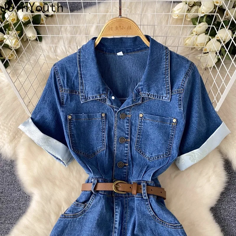 Korean Simple Denim Dress for Women 2024 Summer Robe Femme New Slim Waist Split Casual Dresses Y2k Short Sleeve Vestidos Mujer