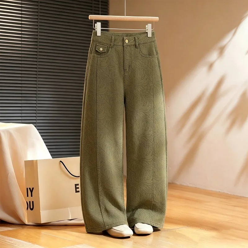2026 Green Jacquard Jeans Women Washed Denim Straight Trousers Spring Autumn High-waist Wide-leg Pants Lady Casual Sickle Jeans