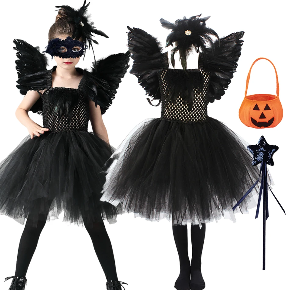 

Kids Halloween Black Swan Dress Angel Demons Tutu Dress Girls Cosplay Maleficent Dark Queen Costumes Clothes Outfit 2-12Y