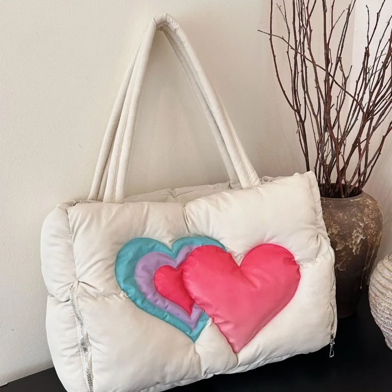 

Going Out Padded Tote Padded Cotton Large Capacity Love Girl Heart Shape Down Cloud Bag Commuter Bag Exquisite Simple Casual
