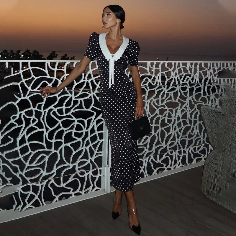 

Polka Dot Dress Women's Retro Print Splicing Color Temperament Elegant Slim 2026 Summer New Fashion V-Neck Hip Skirt Dress