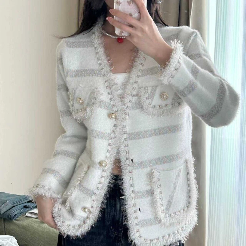 Autumn Winter New Fashion V-neck Plaid Long Sleeve Jackets Women's Clothing French Style Button Trend Knitting Sweet Tassels Top