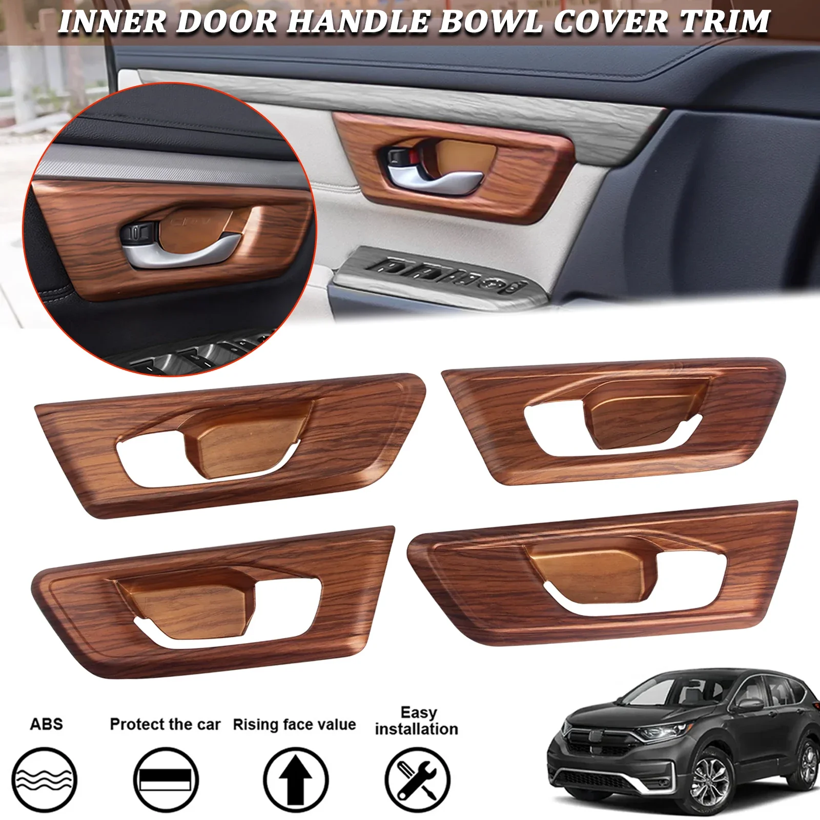 Interior Door Handle Bowl Cover Panel Frame Moulding Trim For Honda CRV 2017 2018 2019 2020 2021 2022 4pcs Peach Wood Grain