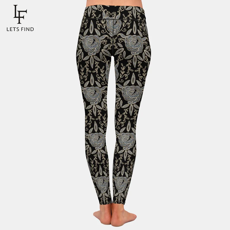 LETSFIND Super Soft Milk Silk Imitation of Embroidery Print Fashion Women Leggings High Waist  Workout Leggings