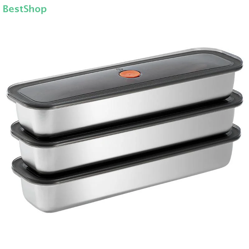 ★★★Stainless Steel Long Crisper Box, Beef Plate Bacon Storage Box Square Plate With Sealed Lid