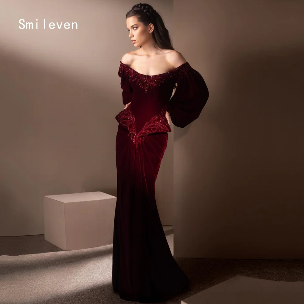 

Smileven Luxury Burgundy 3D Mermaid Prom Dress Boat Neck Party Gowns Shining Appliques Beading Occassion Dress Customized 2026