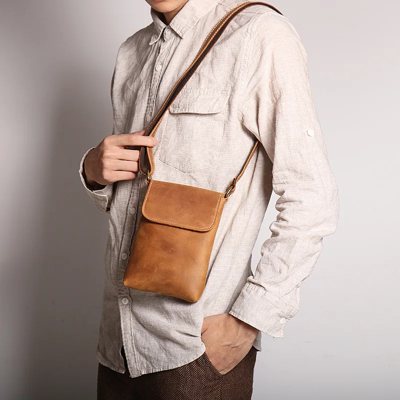 New Men's Genuine Leather One Shoulder Small Backpack Crazy Horse Skin Simple Crossbody Bag Cowhide Retro Phone Bag