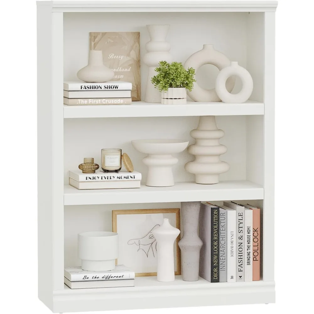 3-Shelf Bookcase White Wooden Bookshelves 33in Wide Floor Standing Display Storage Book Shelves Tall Bookcase for Home Office,