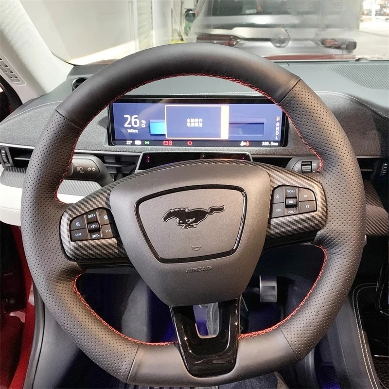 for Ford Mustang Mach-E 2021-2024 Hand-stitched Non-slip Genuine Leather Suede Car Steering Wheel Cover