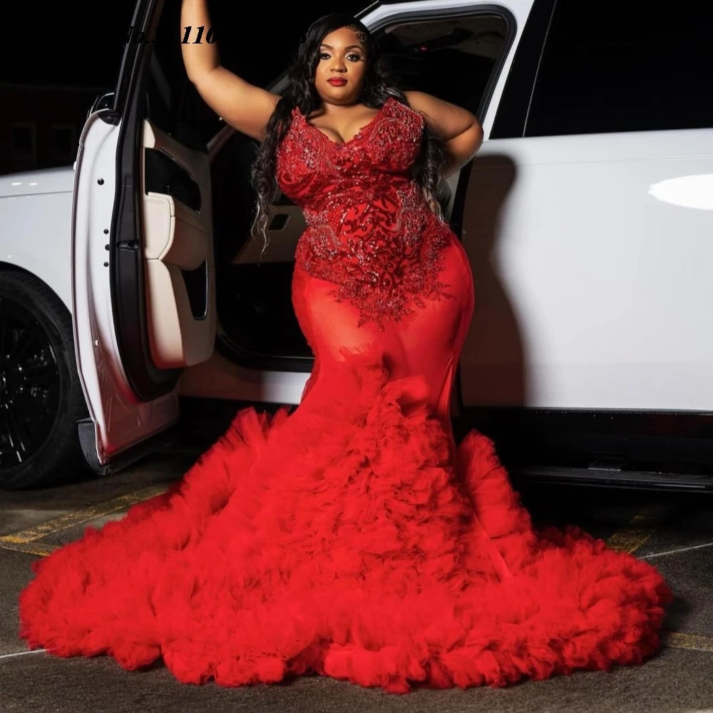 

EVLAST Customized Shiny Red Mermaid Prom Dress Ruffles Crystal Beaded African Black Girls Party Gown Robe De Soirée E3P711