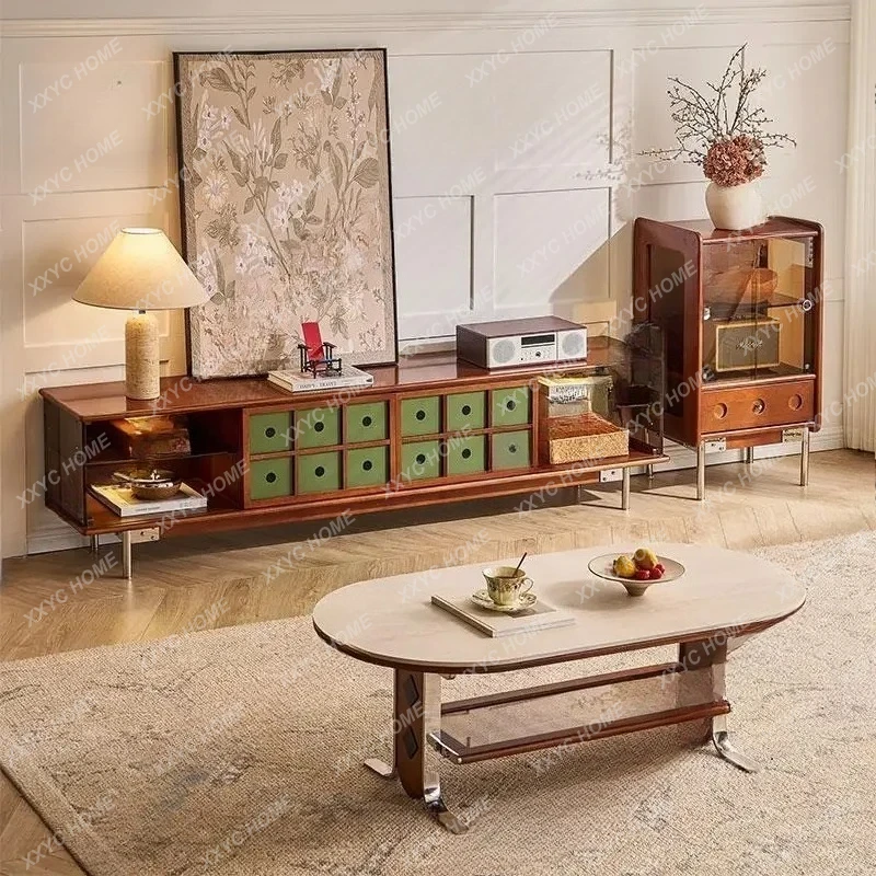 L Flowing Shadow Medieval Solid Wood TV Cabinet Coffee Table Combination Living Room Small Apartment Storage Locker Advanced