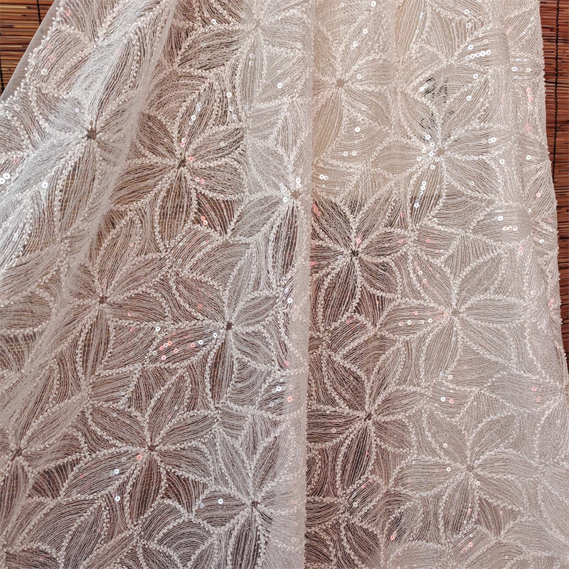 New off-white mesh embroidery beading sequins flower cloth fabric wedding dress skirt curtain tablecloth accessories