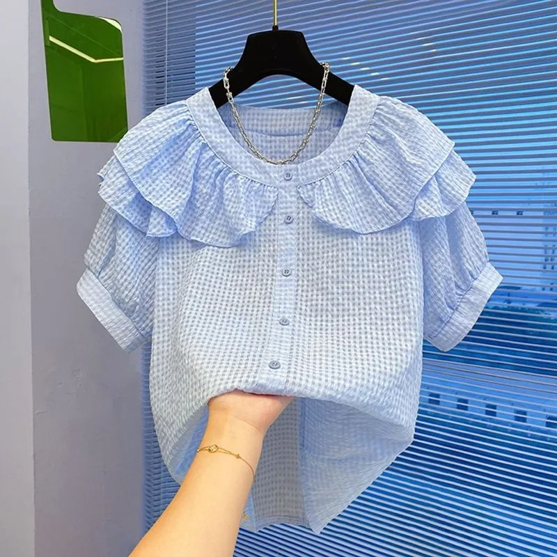 Girls' Summer Blouse 2026 Big Kids Short Sleeve Top with Bubble Sleeve Double Layer Peter Pan Collar Ruffle Hem Casual Fashion​