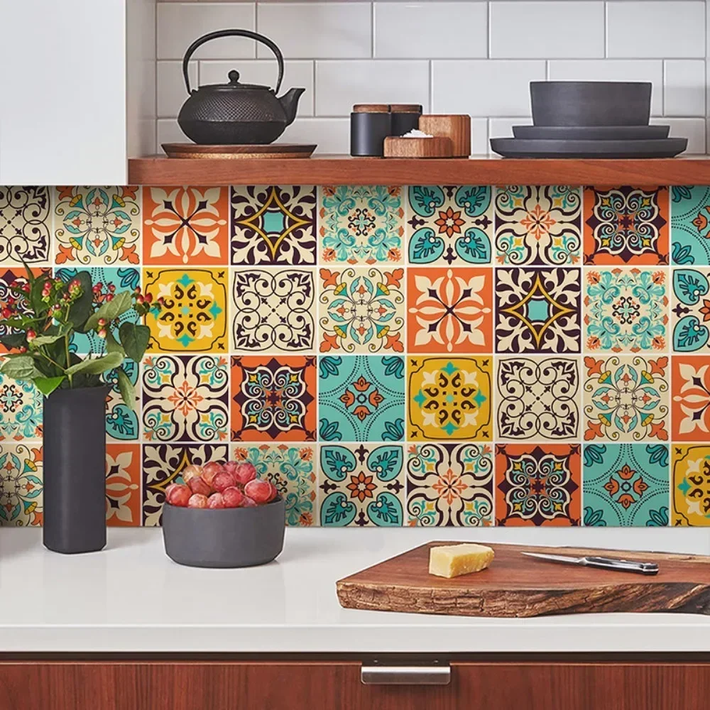 10pcs Mandala Style Crystal Hard Tiles Ceramics Wall Sticker Kitchen Wardrobe Home Decor Art Mural Peel & Stick Wall Decals