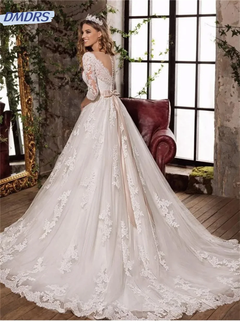 Elegant แขนยาวชุดเจ้าสาว 2024 Elegant Appliquéd ชุดแต่งงานโรแมนติก A-Line ยาวชุด Vestidos De Novia