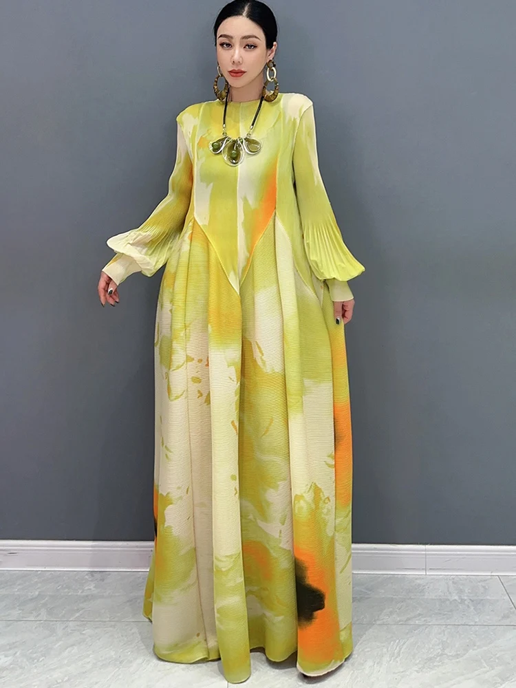 Sheng palae Frühling Sommer neues Chiffon-Kleid mit bedrucktem Spleißen gefaltete Blasen ärmel große Schaukel elegante Kleider 5 r9756