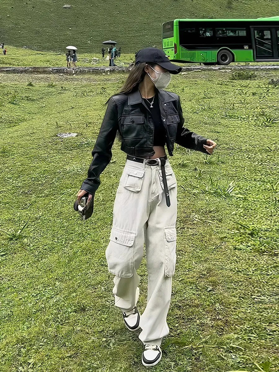 

ort PU Leather Jaet Women's Motorcycle Sle Faionable Spicy Girl Street Sle Slim Fit Long Sve Flip Collar Coat