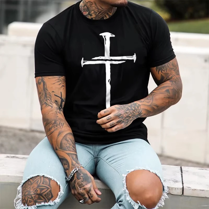 

Vintage Minimalist Cross Print T-shirts Graphic T-shirts High Quality Men's Short Sleeved T-shirts Men's Sportswear Men's Tops