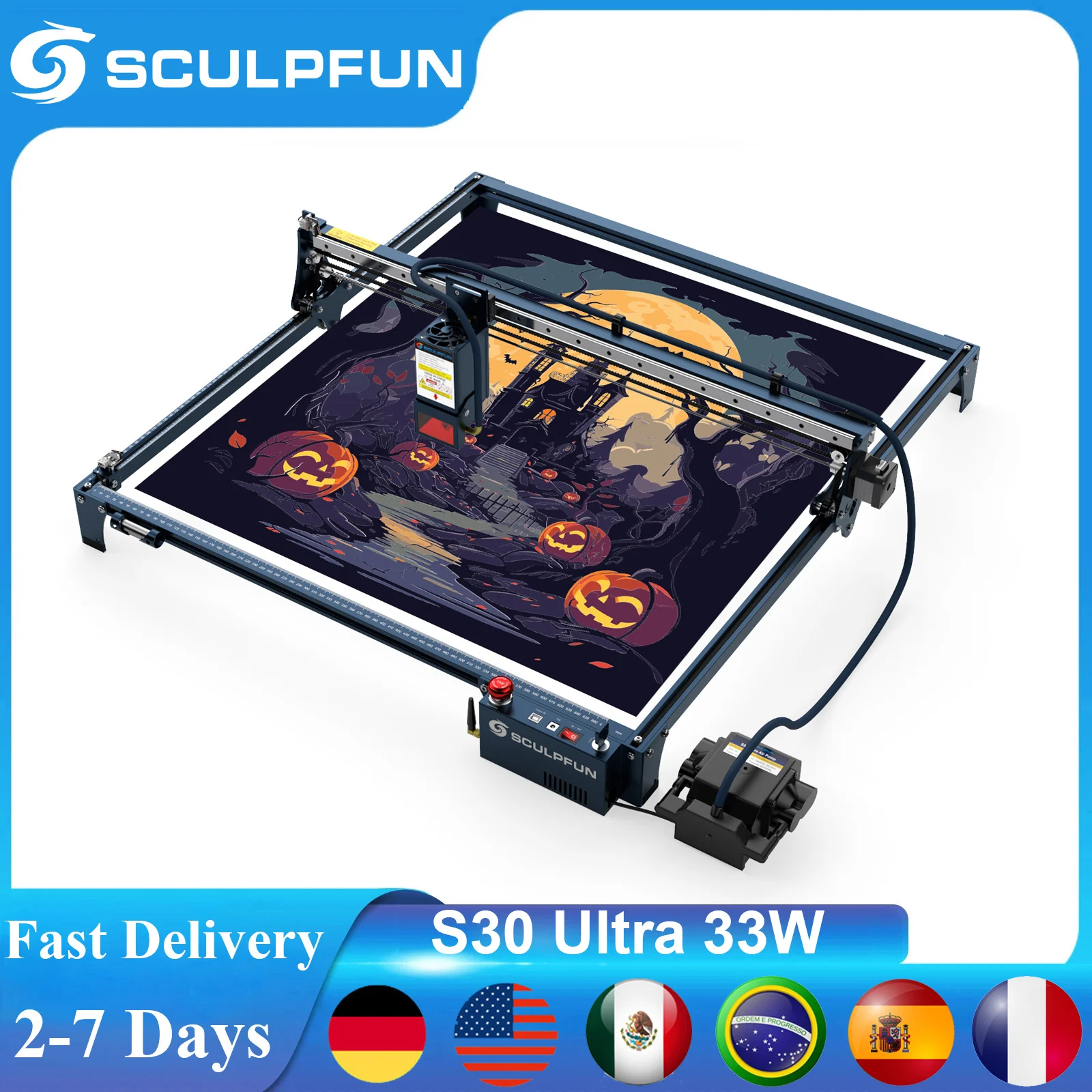 SCULPFUN S30 Ultra 33W Laser Engraver With Automatic Air Assist 600x600mm Working Area  CNC Laser Cutter and Engraving Machine