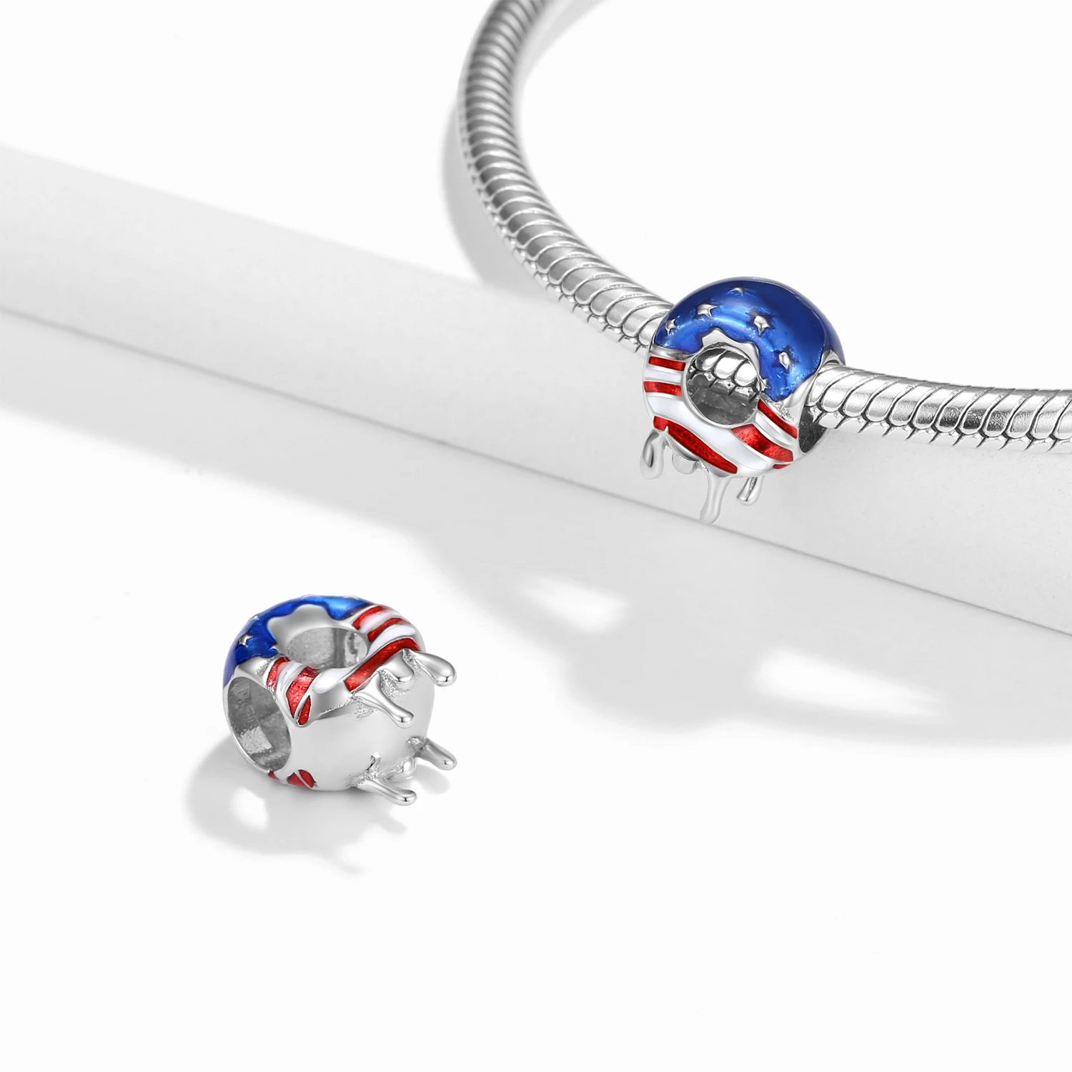 Stillhouse 925 Sterling Silver American Flag Style Blue Color Donut Five Point Star Bead Pendant Charms for Women Bracelet