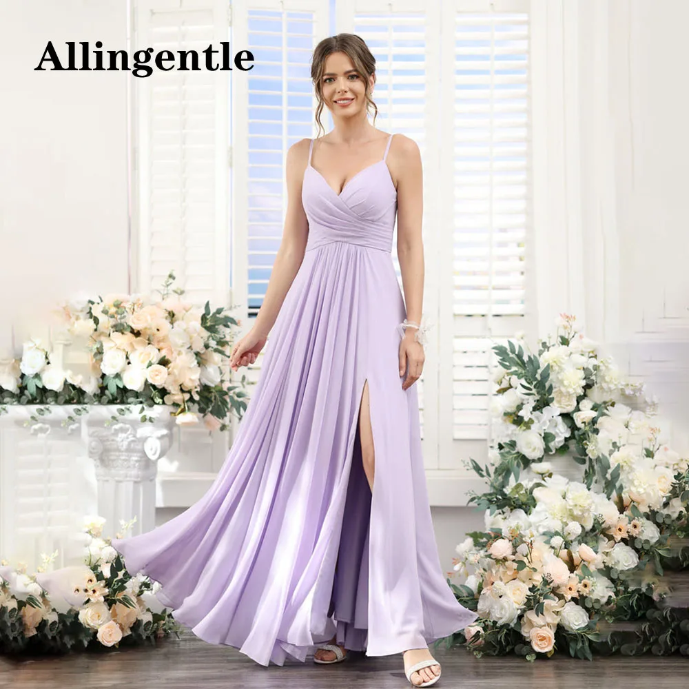 Allingentle-Robe de Demoiselle d'Honneur CAN ac, Col en V, Ligne A, Bretelles Spaghetti, Mousseline Plissée, Longueur au Sol, Fente Latérale, Maxi avec Poche