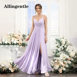 Allingentle Lilac V-Neck Bridesmaid Dress A-Line Spaghetti-straps Pleated Chiffon Floor Length Side Slit Maxi Dress with Pocket