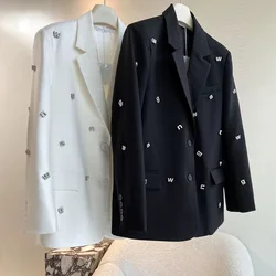 Blazer feminino solto, casaco de manga comprida, gola entalhada, carta de peito único, jaqueta coreana, nova moda, outono, 2023