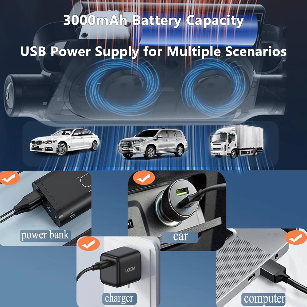 USB قابلة للشحن مقعد السيارة مروحة 3000mAh سيارة مروحة المحمولة مسند الرأس المقعد الخلفي مروحة التبريد مع 3 إعدادات والعتاد للمركبة