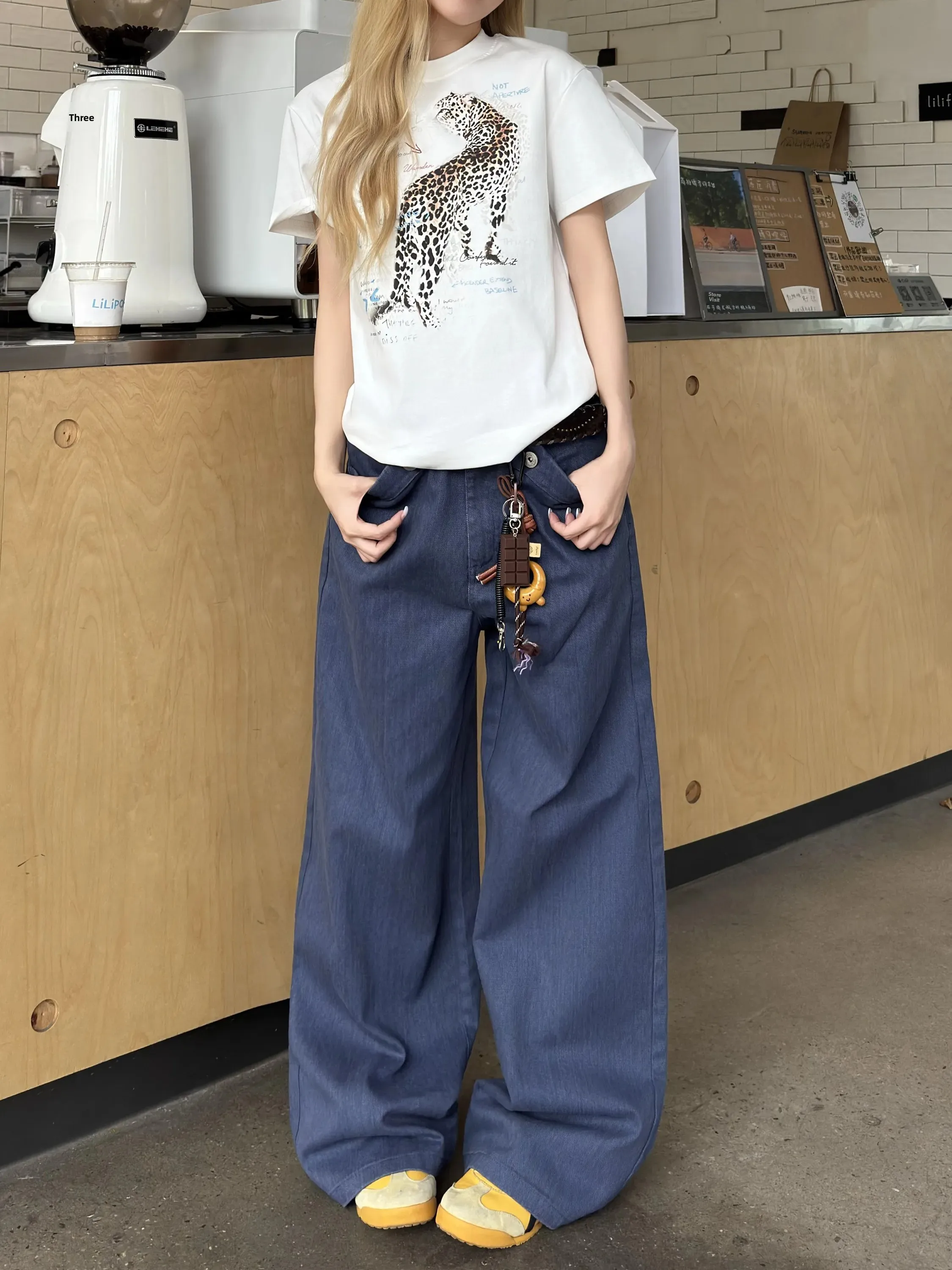 American High Street Retro Paris Buckle Structure Cool Workwear Jeans Casual Wide Leg Straight Cut Couple Long Pants