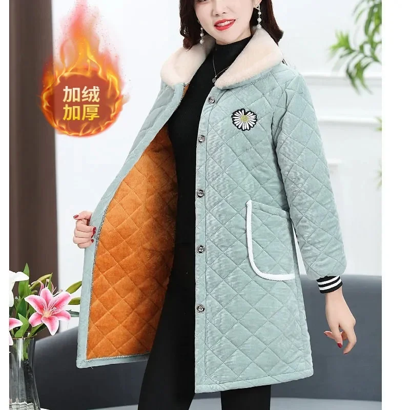 Corduroy Padded Jacket Middle-Aged And Elderly Mother\'s Fleece Coat Loose Mid-Length Quilted Coat Women Autumn Winter Coat