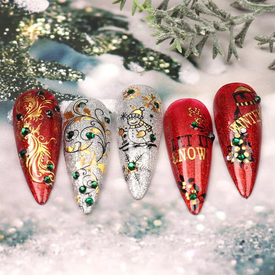 Christmas Nail Art Stickers Gold Plated Santa Claus Snow Deer Black Gold Nail Sticker Decal DIY Manicure Decals